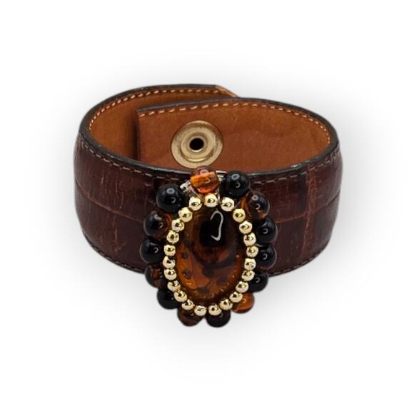 Amber Glass Beaded Center – Brown Faux Leather Wide Cuff Bracelet - Picture 5 of 9